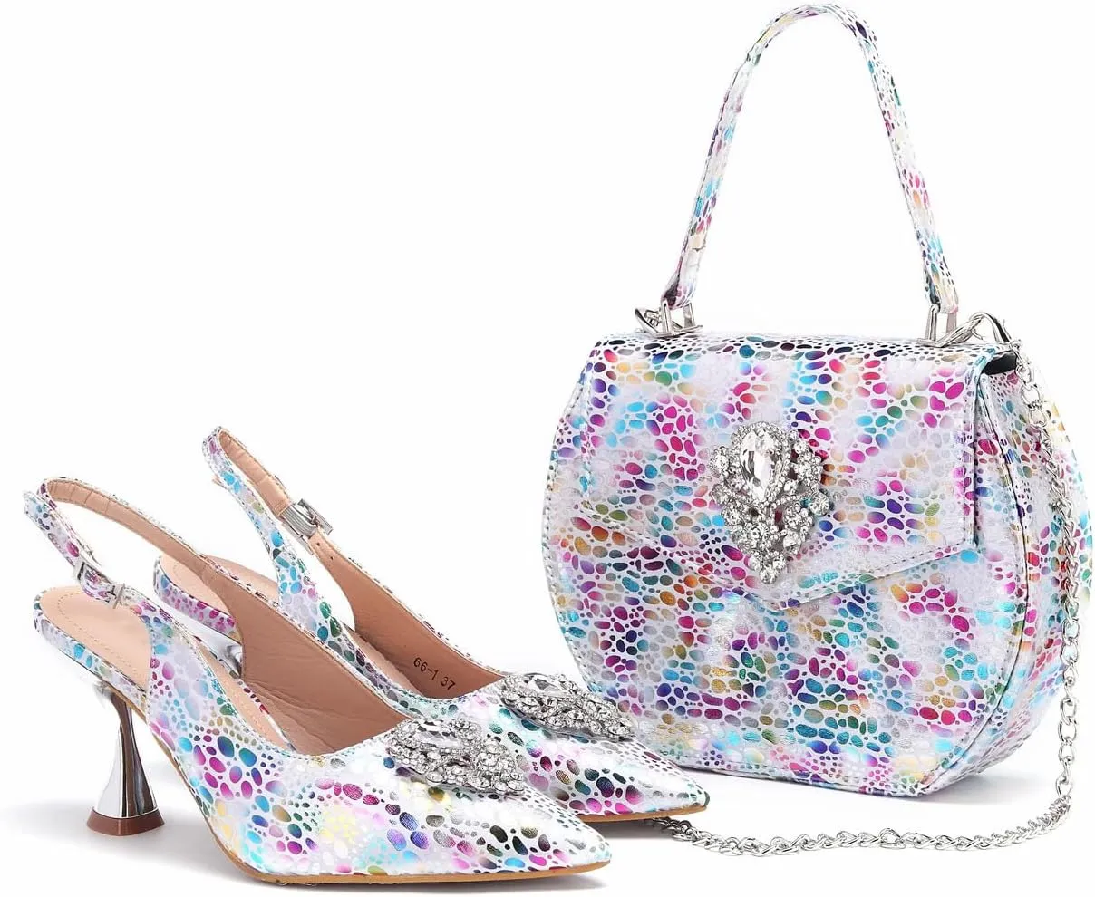 Women’s Luxury Italian Style Evening Shoes and Shoulder Bag Combo Sparkly Crystal Embellished Heels for Formal Wear