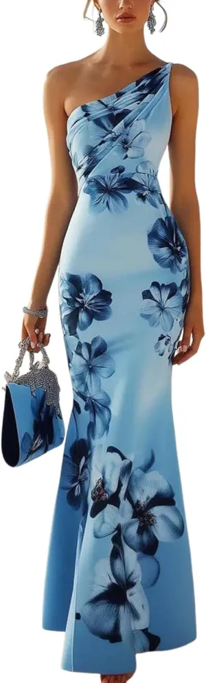 Women's Maxi Dress One Shoulder Sleeveless Blue Print Fresh and Elegant 2025 Summer Spring Cocktail Dress