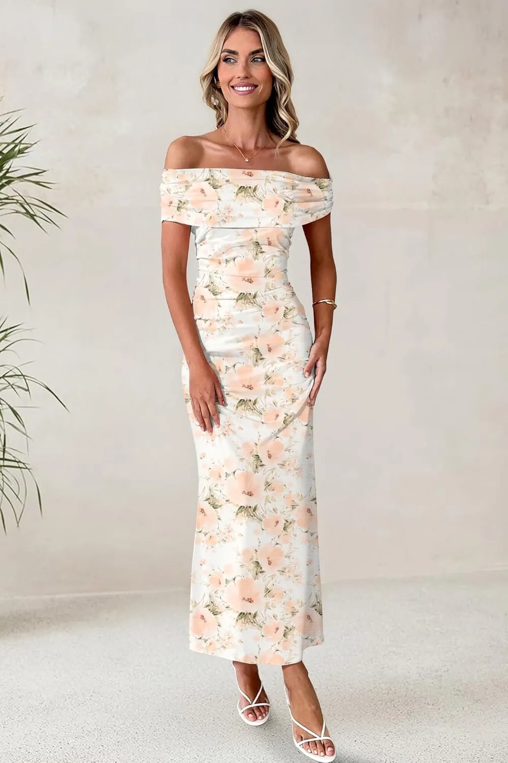 Women's Mesh Floral Maxi Dress 2025 Summer Off The Shoulder Ruched Bodycon Long Cocktail Party Fitted Dresses