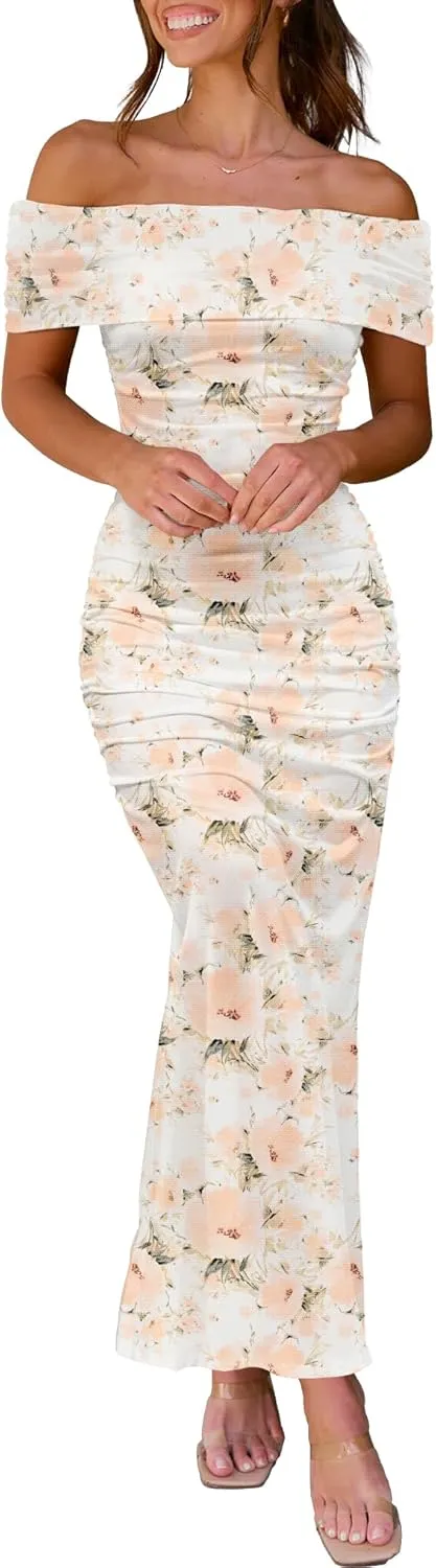 Women's Mesh Floral Maxi Dress 2025 Summer Off The Shoulder Ruched Bodycon Long Cocktail Party Fitted Dresses