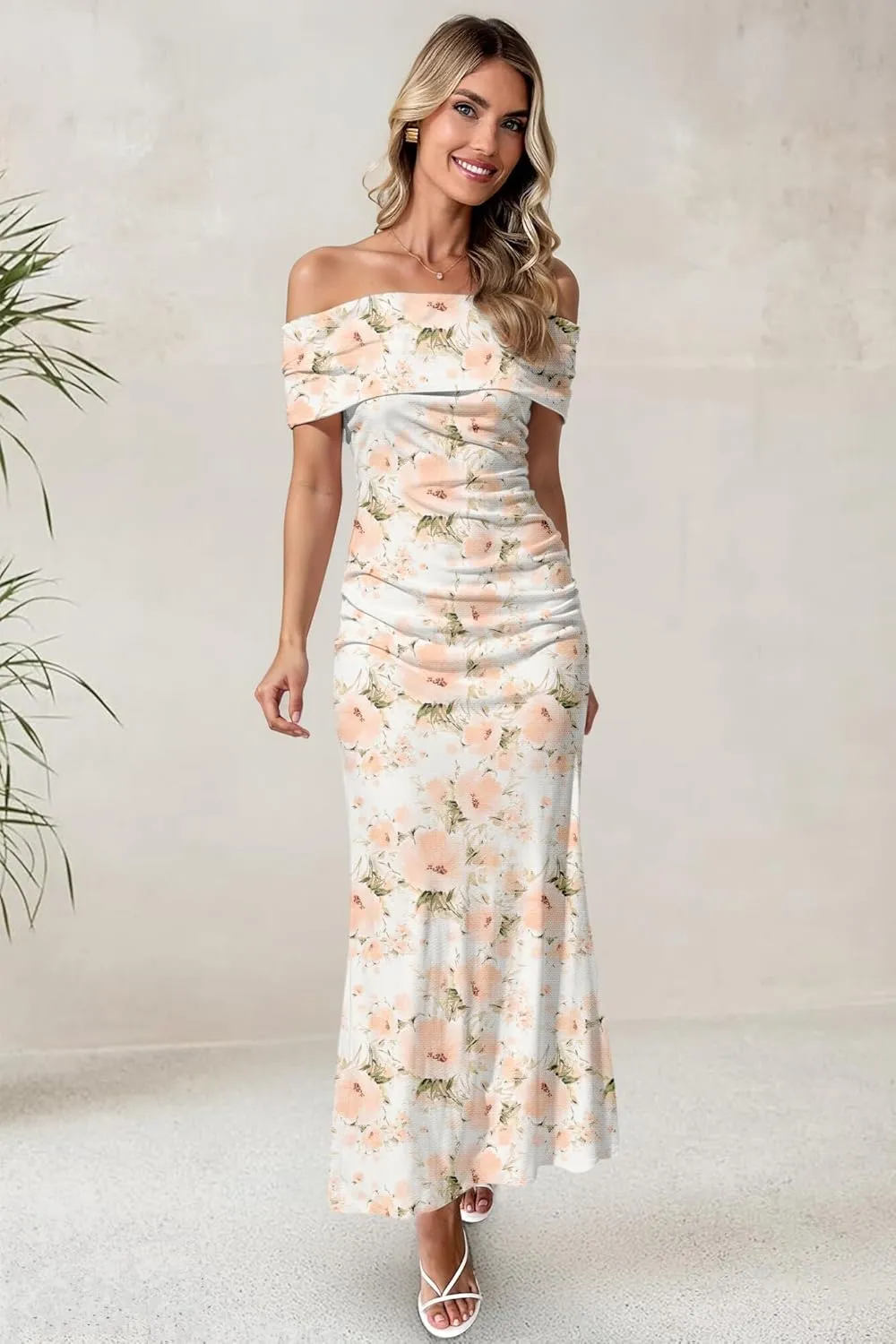 Women's Mesh Floral Maxi Dress 2025 Summer Off The Shoulder Ruched Bodycon Long Cocktail Party Fitted Dresses