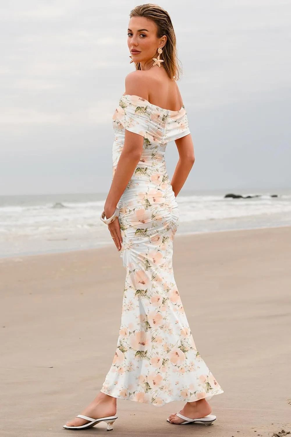 Women's Mesh Floral Maxi Dress 2025 Summer Off The Shoulder Ruched Bodycon Long Cocktail Party Fitted Dresses