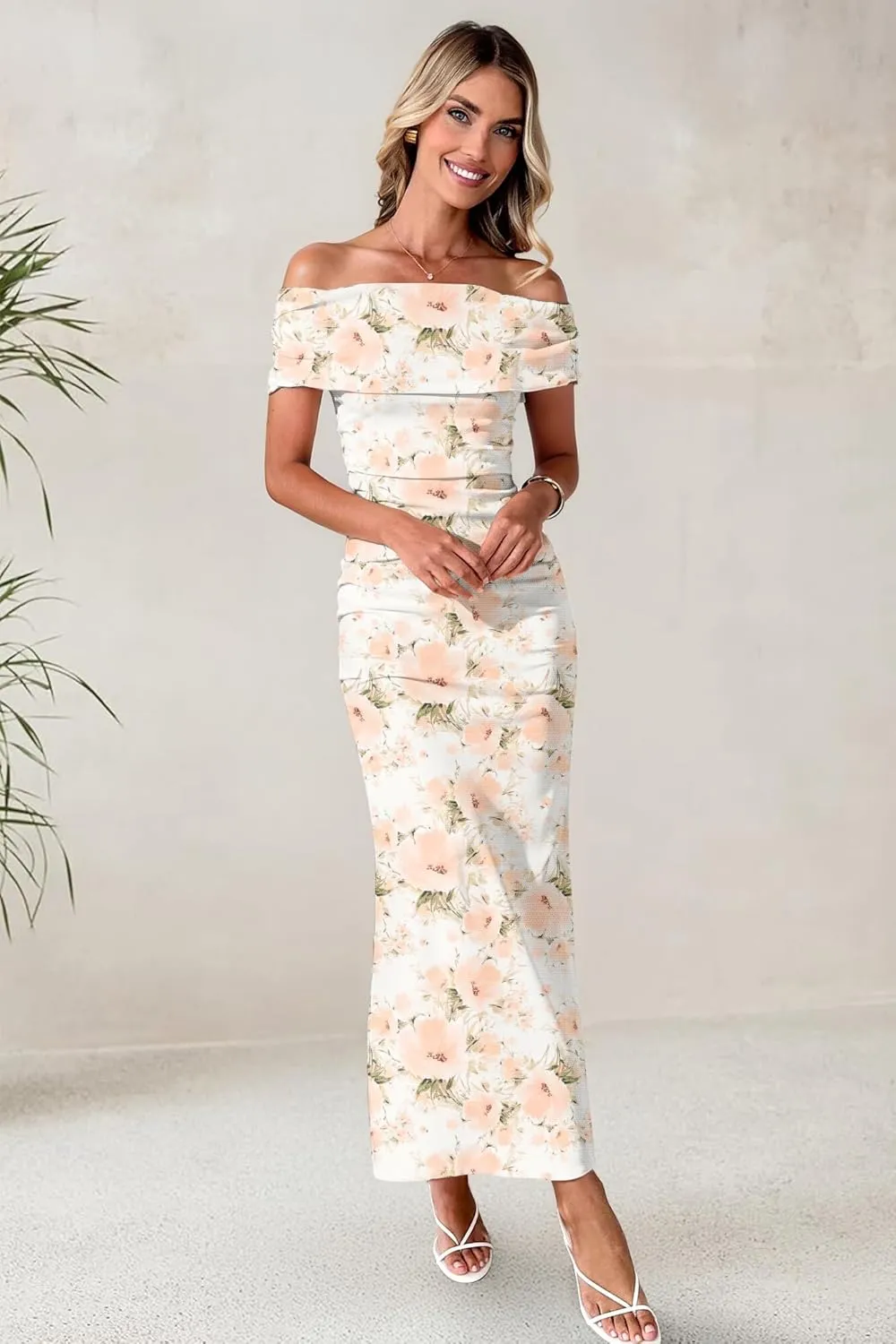 Women's Mesh Floral Maxi Dress 2025 Summer Off The Shoulder Ruched Bodycon Long Cocktail Party Fitted Dresses