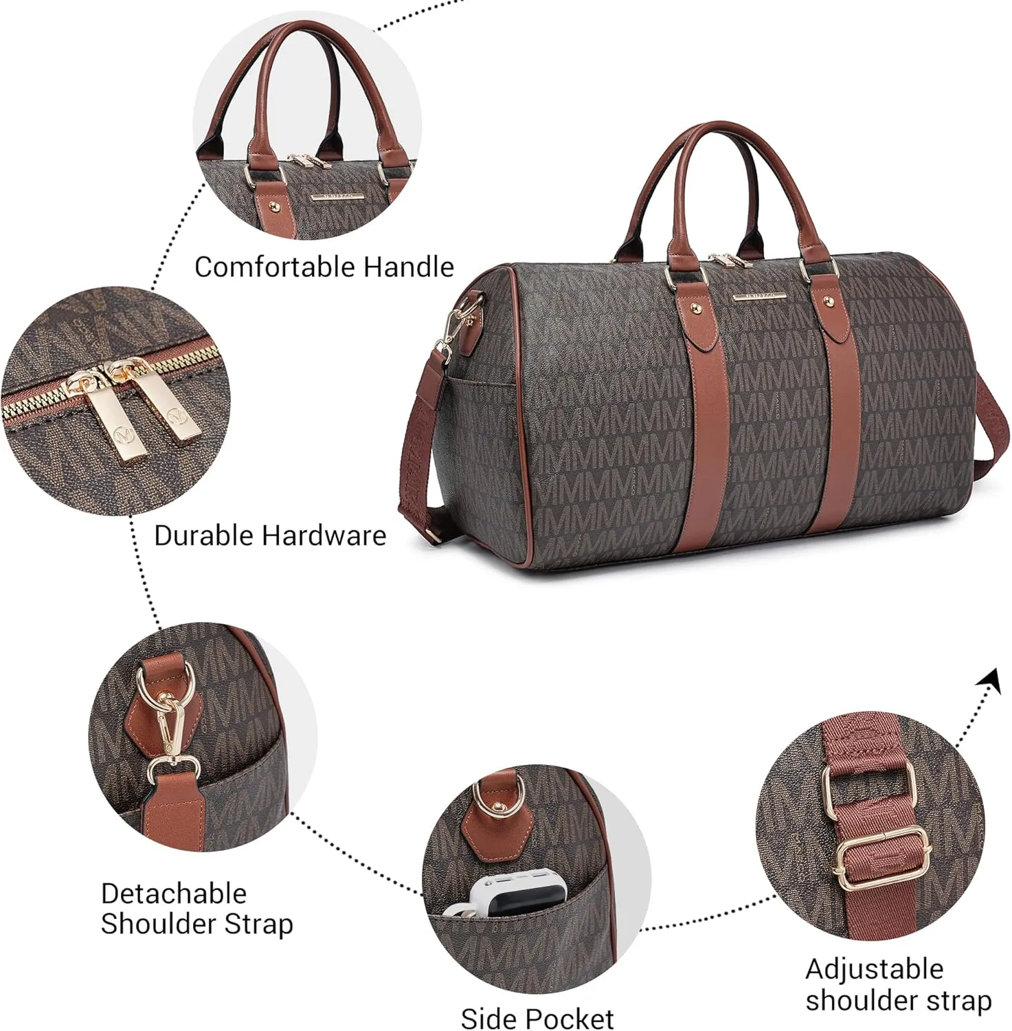 Women's Monogrammed PU Leather Duffel Bag - Scratch-Resistant Waterproof Multi-Pocket Design, Large Capacity Carry-On for Gym Yoga Work Weekender Travel​​