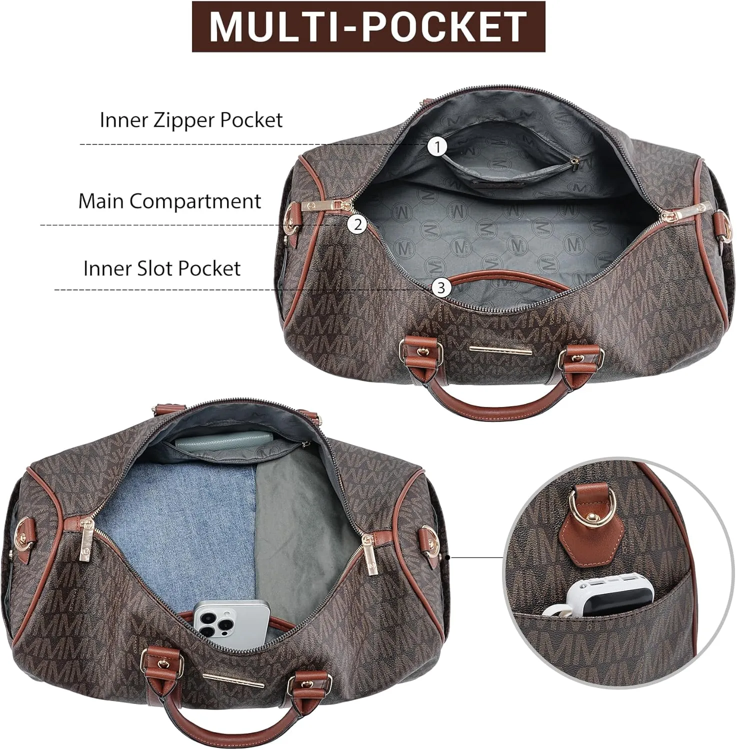 Women's Monogrammed PU Leather Duffel Bag - Scratch-Resistant Waterproof Multi-Pocket Design, Large Capacity Carry-On for Gym Yoga Work Weekender Travel​​