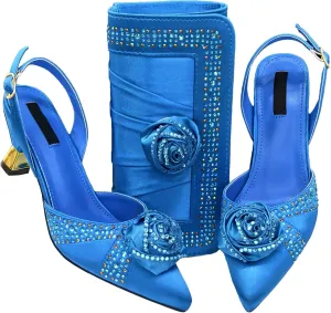 Women’s Nigerian Designer Inspired Wedding Shoes and Shoulder Bag Combo Rhinestone Embellished Heels for