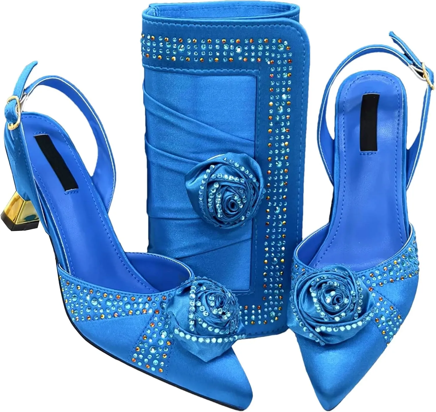 Women’s Nigerian Designer Inspired Wedding Shoes and Shoulder Bag Combo Rhinestone Embellished Heels for