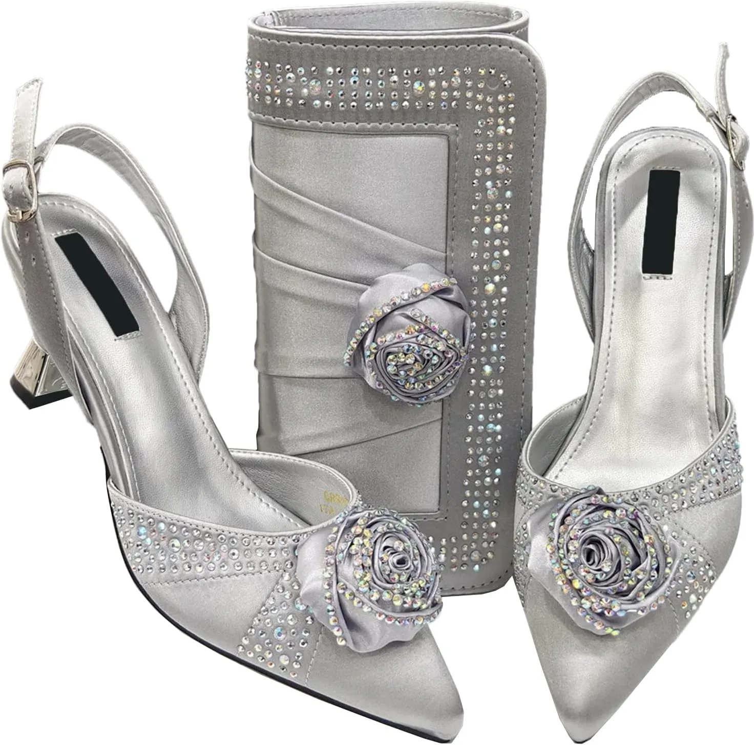 Women’s Nigerian Designer Inspired Wedding Shoes and Shoulder Bag Combo Rhinestone Embellished Heels for