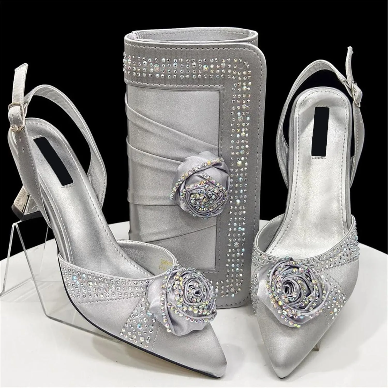 Women’s Nigerian Designer Inspired Wedding Shoes and Shoulder Bag Combo Rhinestone Embellished Heels for