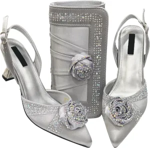 Women’s Nigerian Designer Inspired Wedding Shoes and Shoulder Bag Combo Rhinestone Embellished Heels for