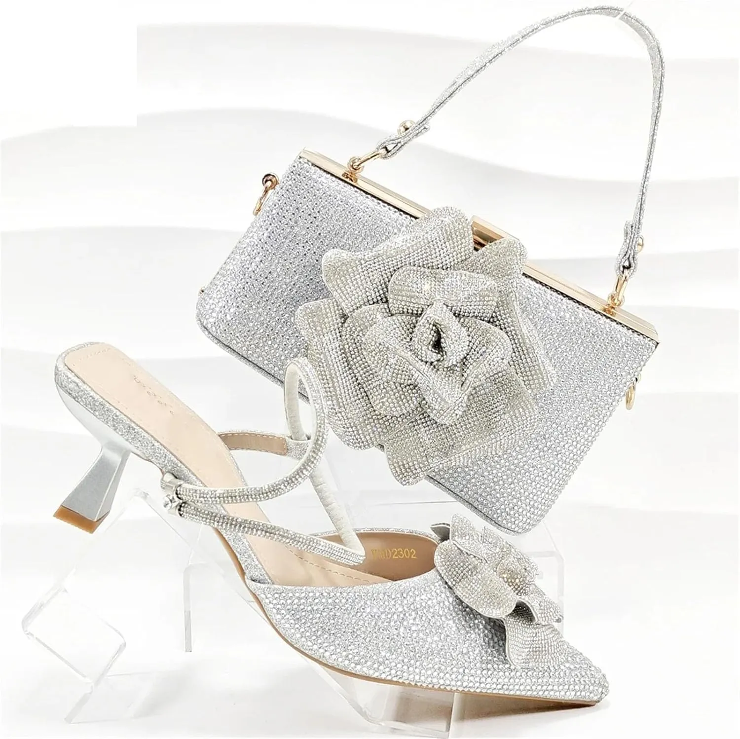 Women’s Nigerian Designer Inspired Wedding Shoes and Shoulder Bag Set Rhinestone Embellished High Heels for