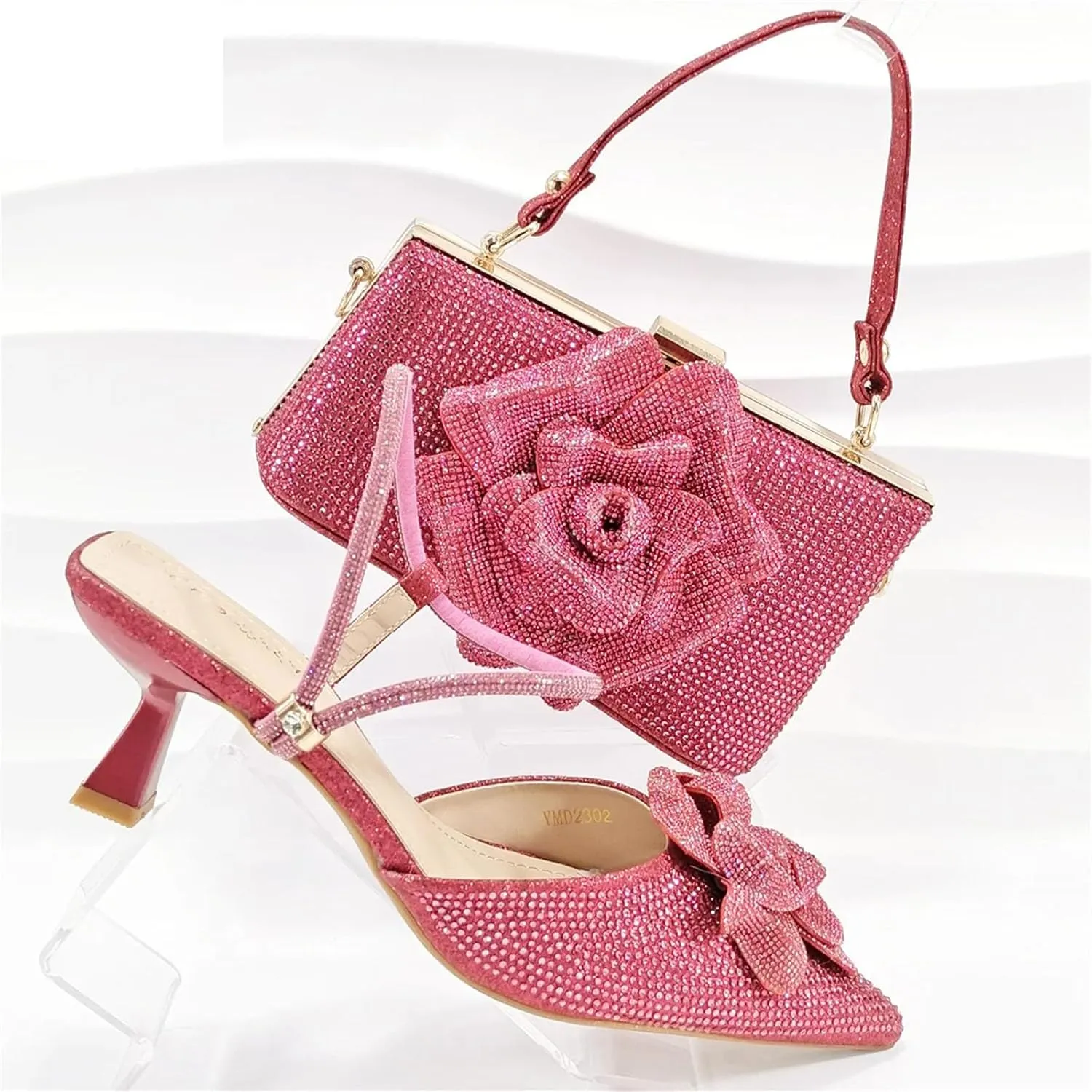 Women’s Nigerian Designer Inspired Wedding Shoes and Shoulder Bag Set Rhinestone Embellished High Heels for