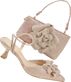 Women’s Nigerian Designer Inspired Wedding Shoes and Shoulder Bag Set Rhinestone Embellished High Heels for