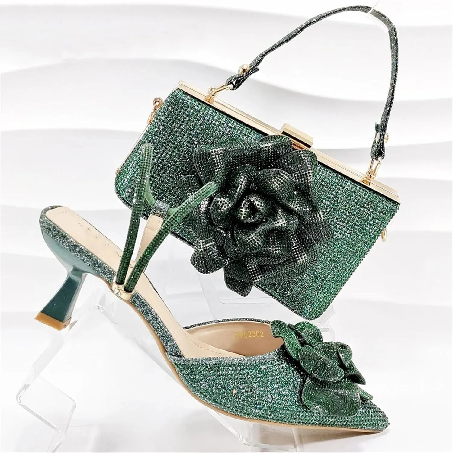 Women’s Nigerian Designer Inspired Wedding Shoes and Shoulder Bag Set Rhinestone Embellished High Heels for