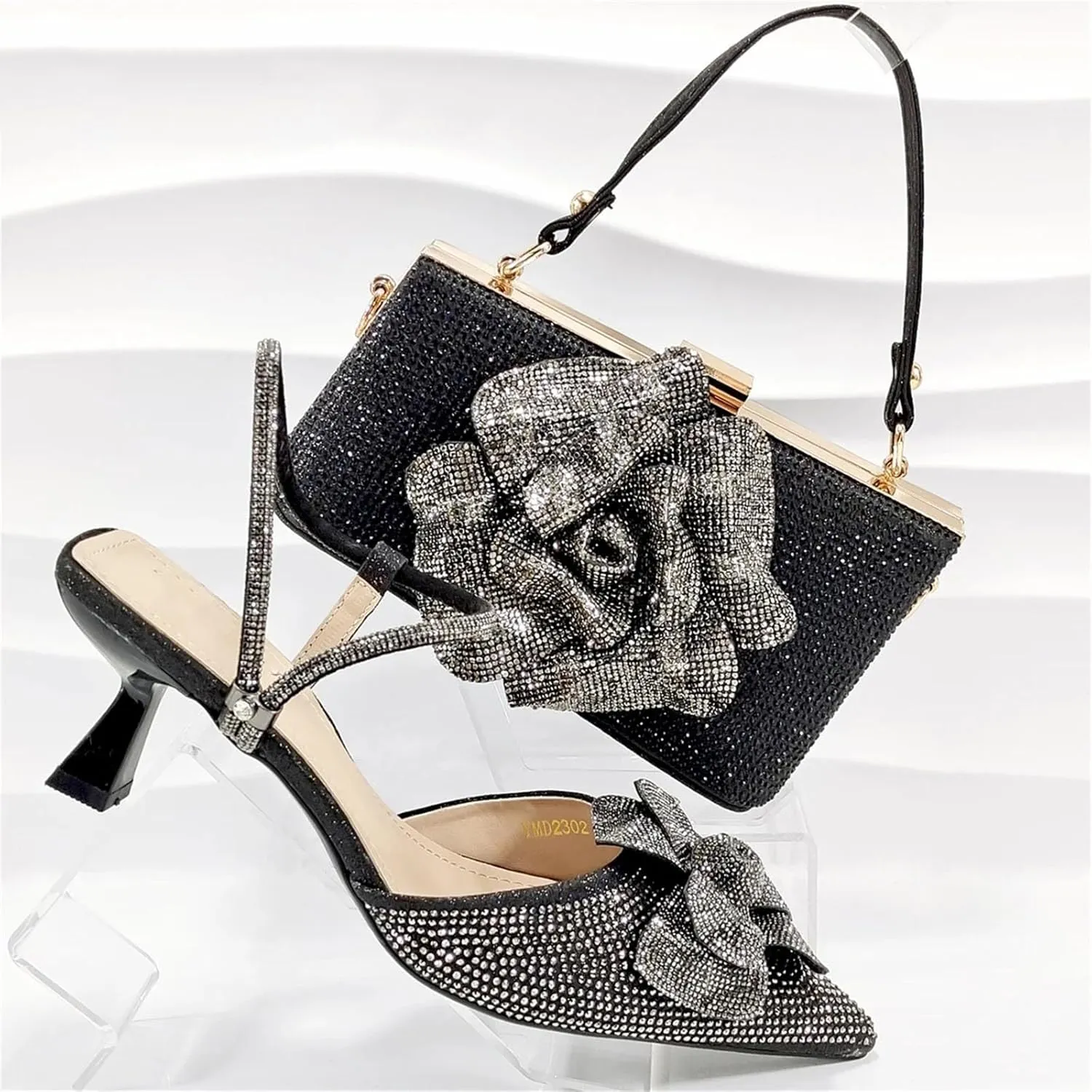 Women’s Nigerian Designer Inspired Wedding Shoes and Shoulder Bag Set Rhinestone Embellished High Heels for
