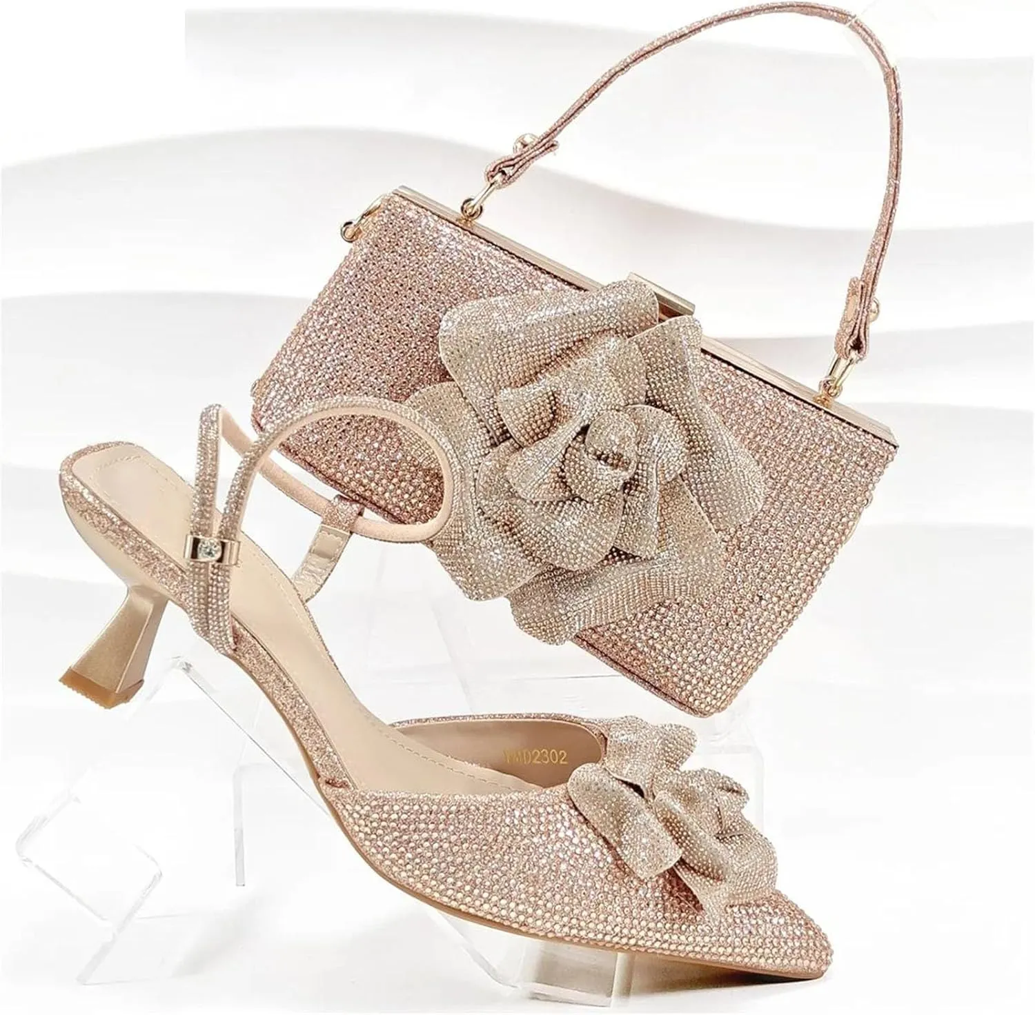 Women’s Nigerian Designer Inspired Wedding Shoes and Shoulder Bag Set Rhinestone Embellished High Heels for