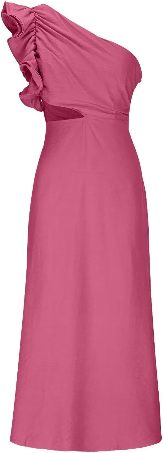 Women's One Shoulder Sleeveless Cutout Bodycon Maxi Long Dress Sexy Ruffle Elegant Cocktail Gown Evening Dresses