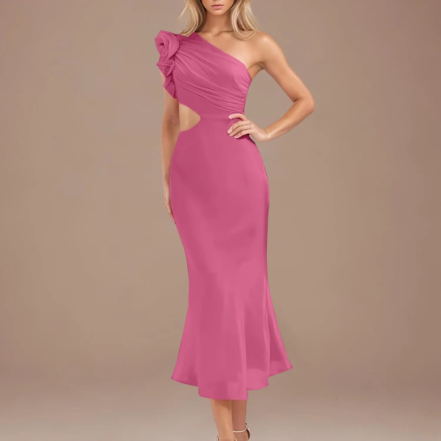 Women's One Shoulder Sleeveless Cutout Bodycon Maxi Long Dress Sexy Ruffle Elegant Cocktail Gown Evening Dresses