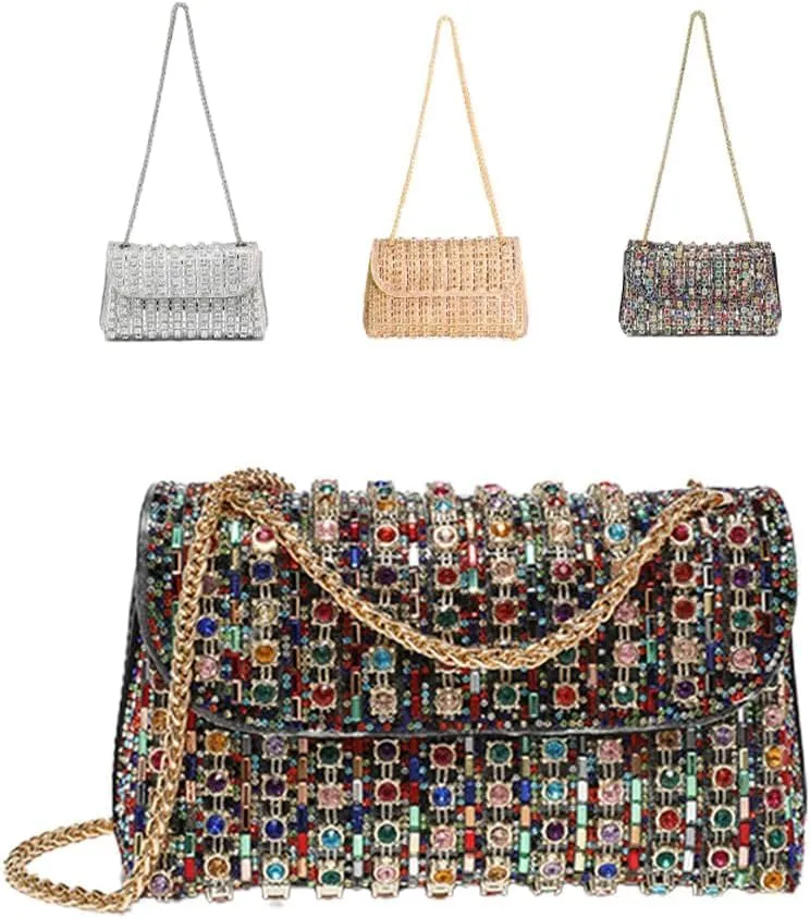 Women's Rhinestone Decorated Evening Bag, Sparkly Clutch Handbag Crossbody Bag with Chain, Sparkly Evening Bags