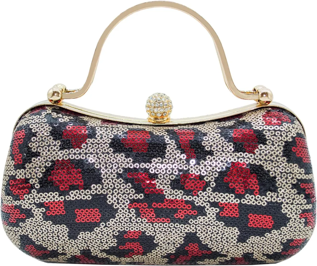 Womens Sequined Leopard Print Evening Clutch Purse, Crystal Clasp, Gold Chain Strap