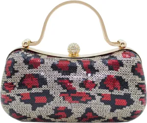 Womens Sequined Leopard Print Evening Clutch Purse, Crystal Clasp, Gold Chain Strap