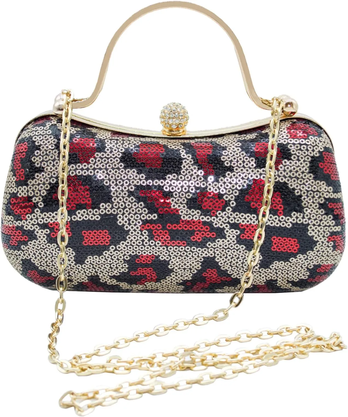Womens Sequined Leopard Print Evening Clutch Purse, Crystal Clasp, Gold Chain Strap