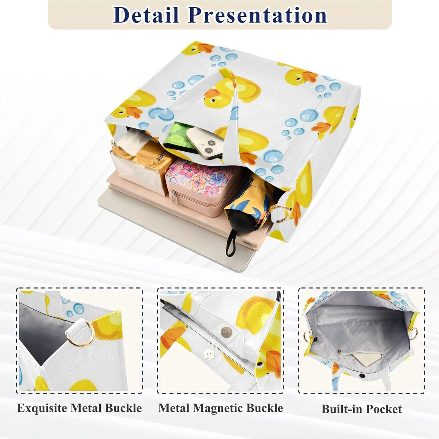 Womens Shoulder Tote Cute Duck White Yellow Beach Travel Tote Teacher Bride Friend Tote Laptop Big Purse Bag