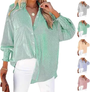 Womens Smocked Cuffed Striped Boyfriend Shirt, Button Down Shirts,Flowy Button Down Shirts with Pocket Shirred
