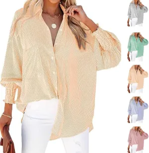 Womens Smocked Cuffed Striped Boyfriend Shirt, Button Down Shirts,Flowy Button Down Shirts with Pocket Shirred