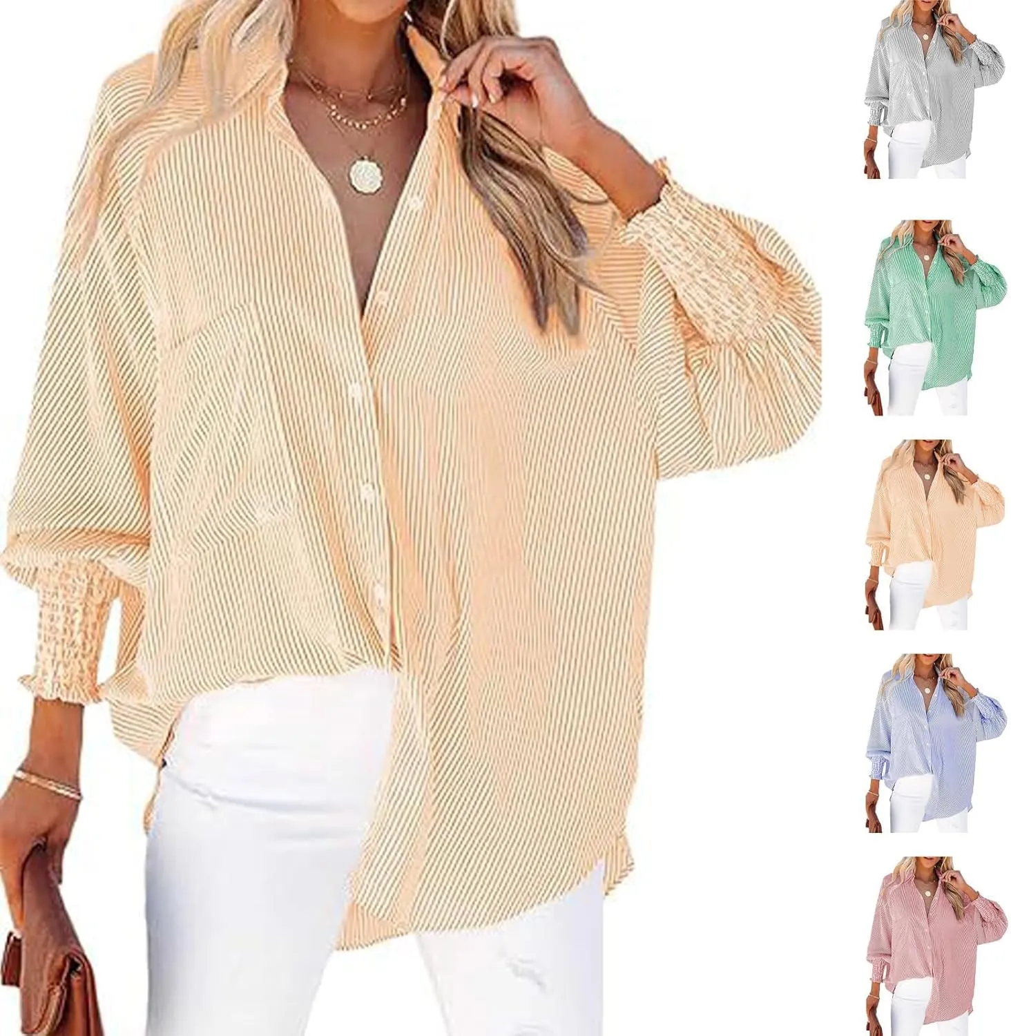 Womens Smocked Cuffed Striped Boyfriend Shirt, Button Down Shirts,Flowy Button Down Shirts with Pocket Shirred