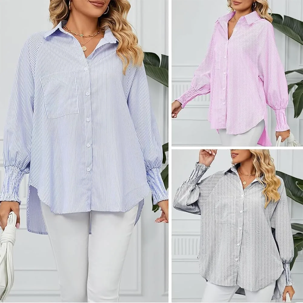 Womens Smocked Cuffed Striped Boyfriend Shirt, Button Down Shirts,Flowy Button Down Shirts with Pocket Shirred