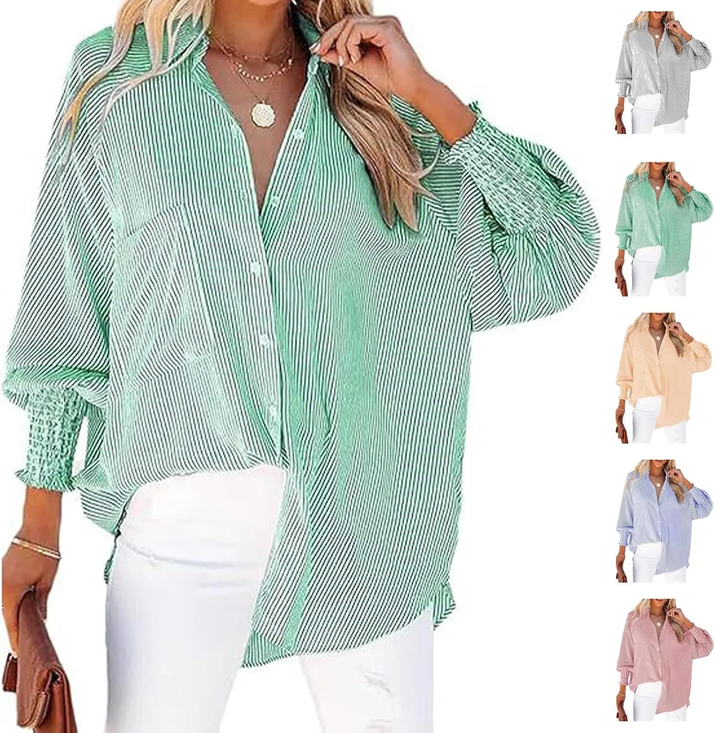 Womens Smocked Cuffed Striped Boyfriend Shirt, Button Down Shirts,Flowy Button Down Shirts with Pocket Shirred
