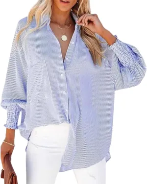 Womens Smocked Cuffed Striped Boyfriend Shirt, Button Down Shirts,Flowy Button Down Shirts with Pocket Shirred