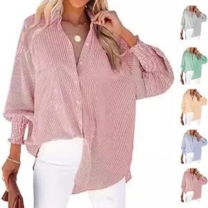 Womens Smocked Cuffed Striped Boyfriend Shirt, Button Down Shirts,Flowy Button Down Shirts with Pocket Shirred