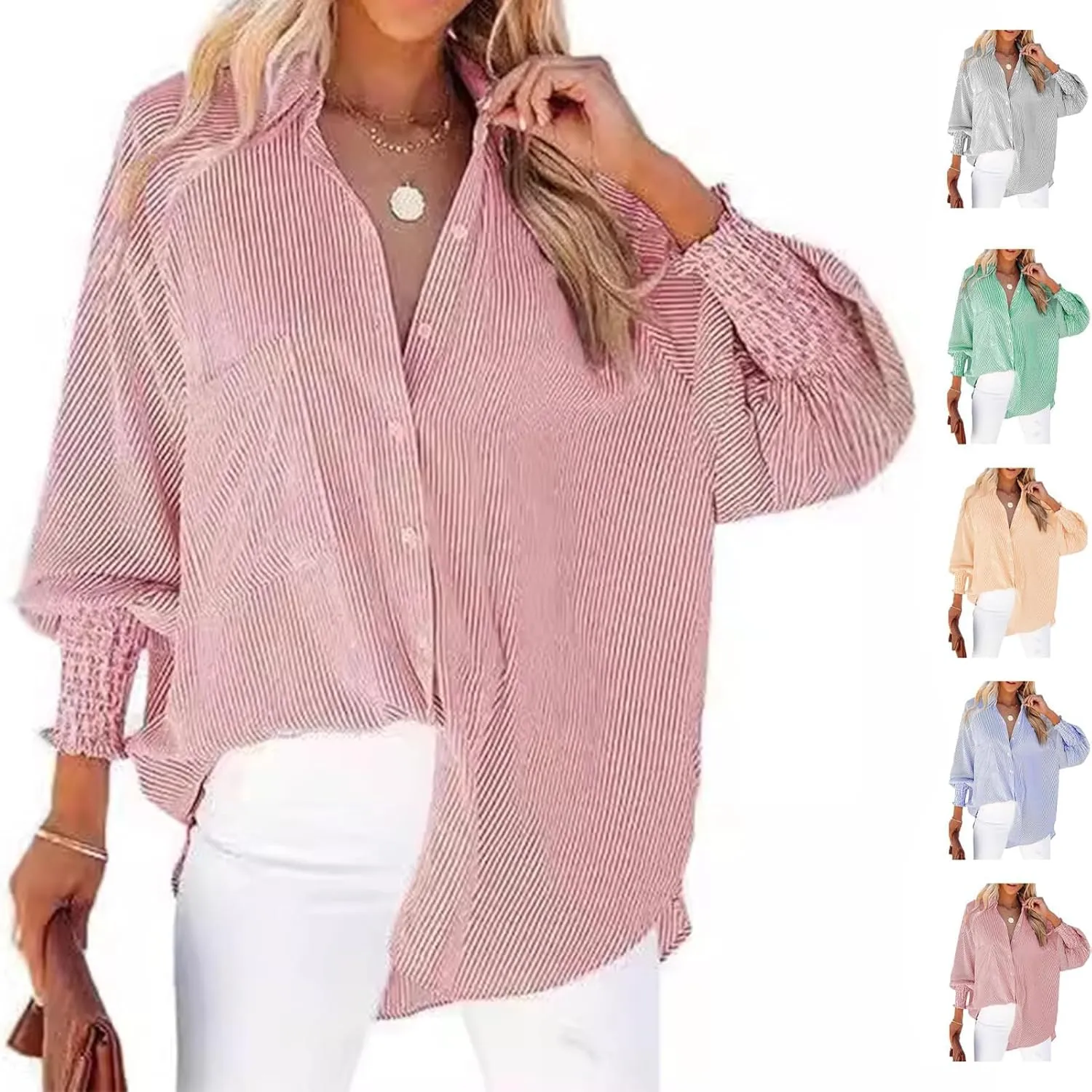 Womens Smocked Cuffed Striped Boyfriend Shirt, Button Down Shirts,Flowy Button Down Shirts with Pocket Shirred