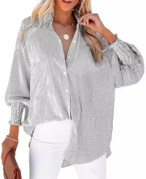 Womens Smocked Cuffed Striped Boyfriend Shirt, Button Down Shirts,Flowy Button Down Shirts with Pocket Shirred
