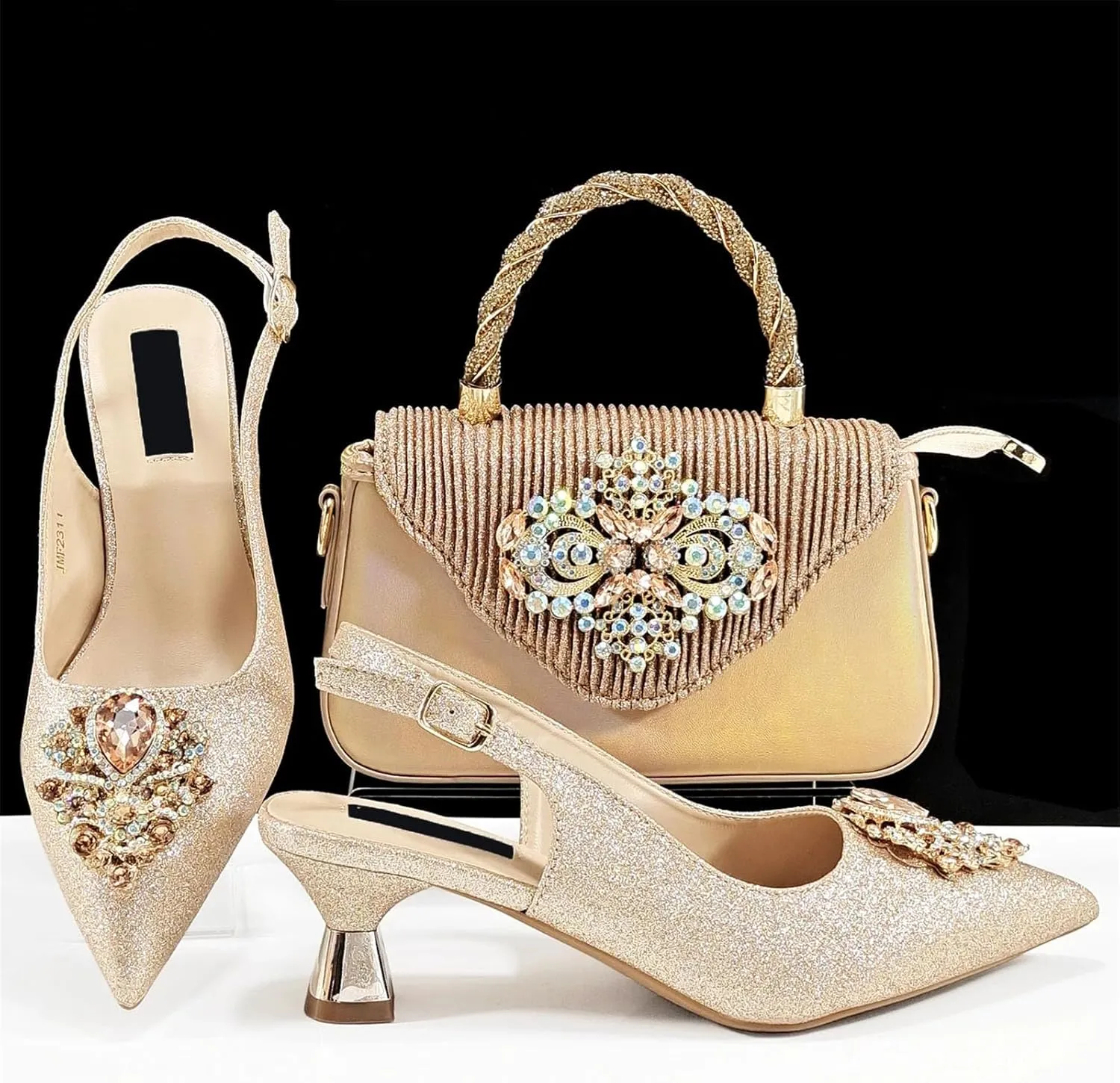 Womens Sparkly Rhinestone Embellished Party Shoes and Clutch Set Italian Design High Heels for Special Occasions