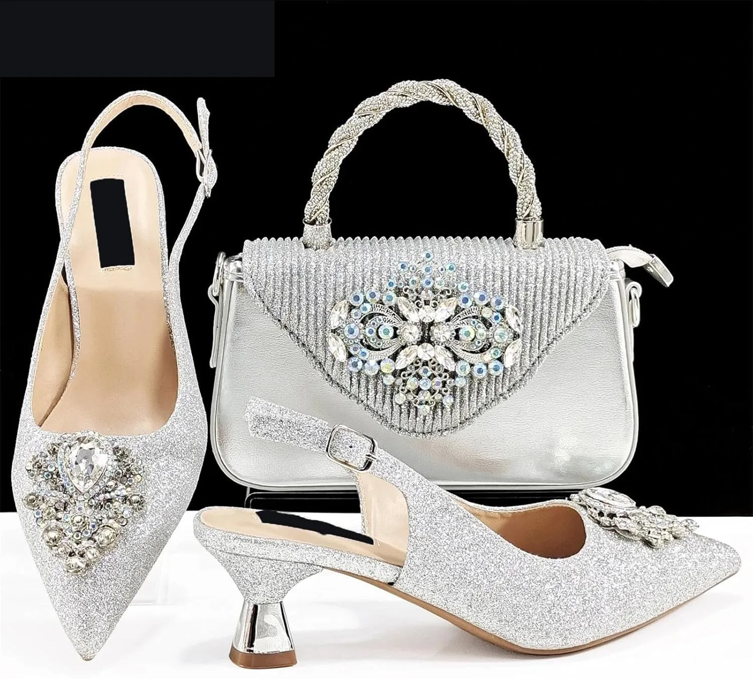 Womens Sparkly Rhinestone Embellished Party Shoes and Clutch Set Italian Design High Heels for Special Occasions