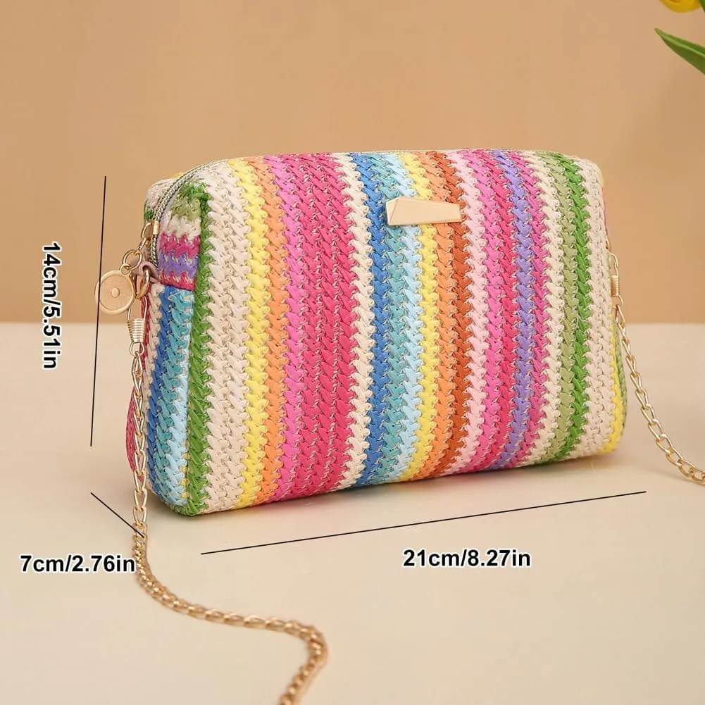 Women’s Straw Tote Bag Rainbow Striped Casual Beach Shoulder Bag Summer Vacation Straw Crossbody Bag Purse 2024