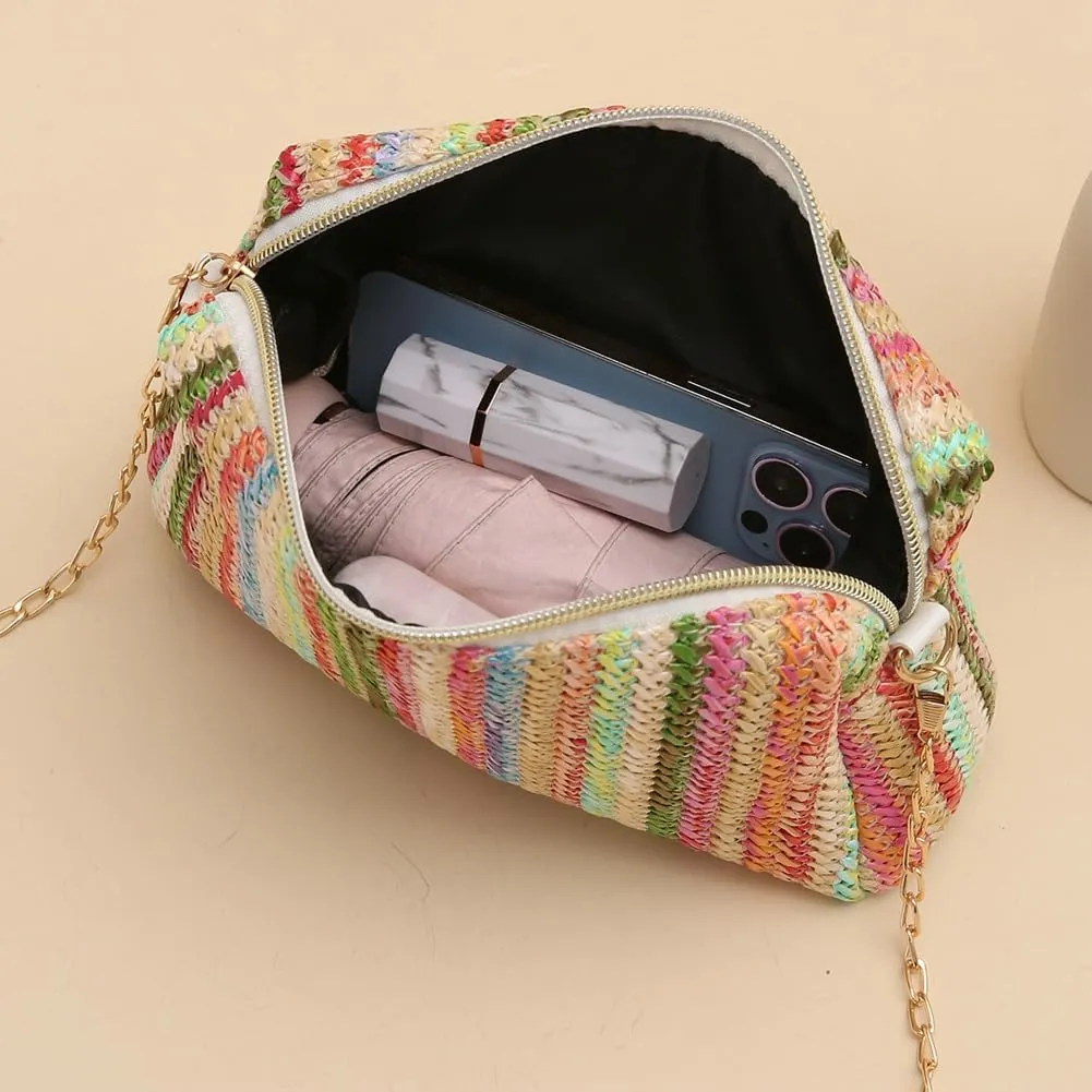 Women’s Straw Tote Bag Rainbow Striped Casual Beach Shoulder Bag Summer Vacation Straw Crossbody Bag Purse 2024