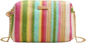 Women’s Straw Tote Bag Rainbow Striped Casual Beach Shoulder Bag Summer Vacation Straw Crossbody Bag Purse 2024
