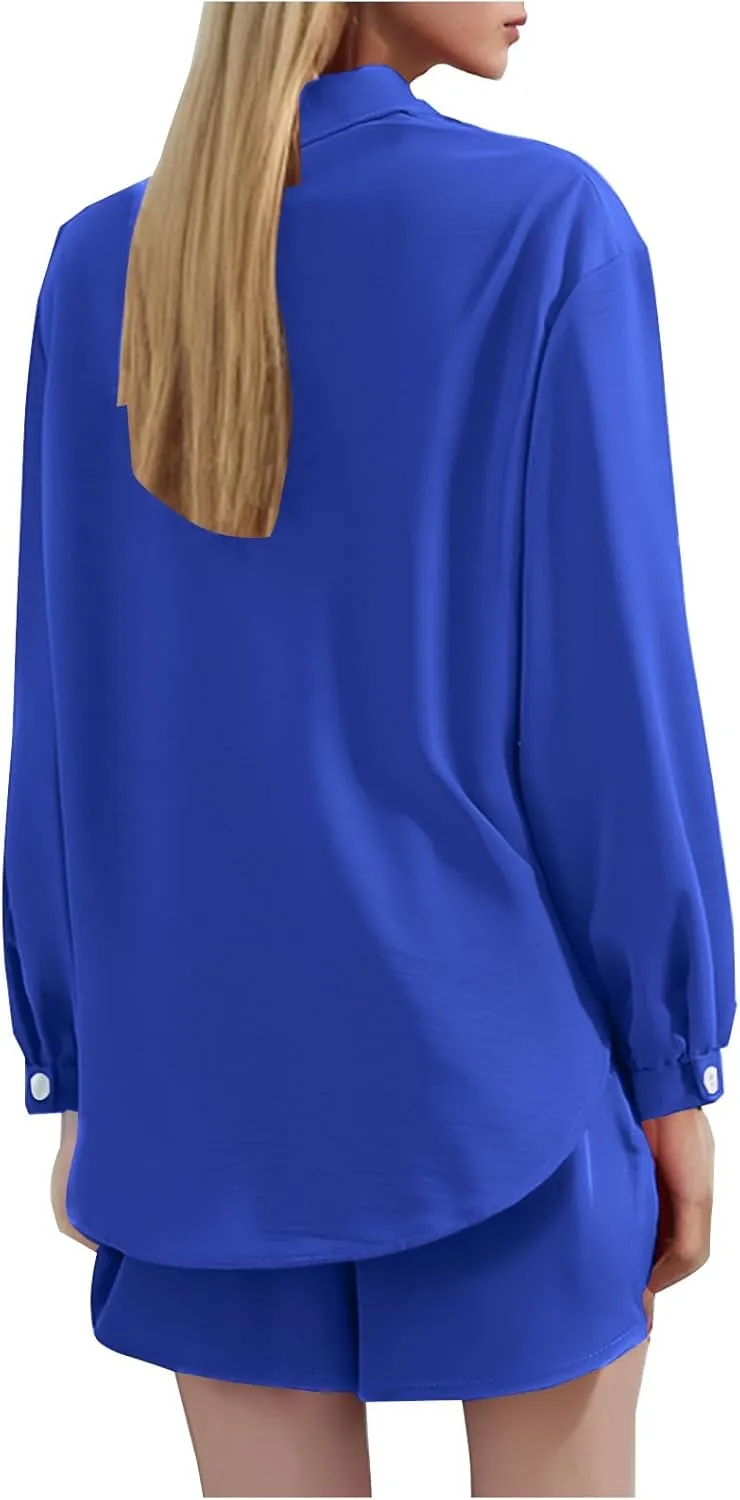 Womens Summer 2 Piece Sets Long Sleeve Button down Shirts Matching Short Sets Beach Soft Vacation Cruise Outfits 2025