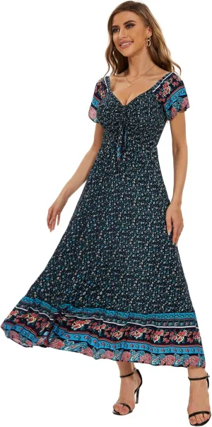 Women's Summer Floral Maxi Dress Casual Short Sleeve Flowy Boho Beach Party Long Dress