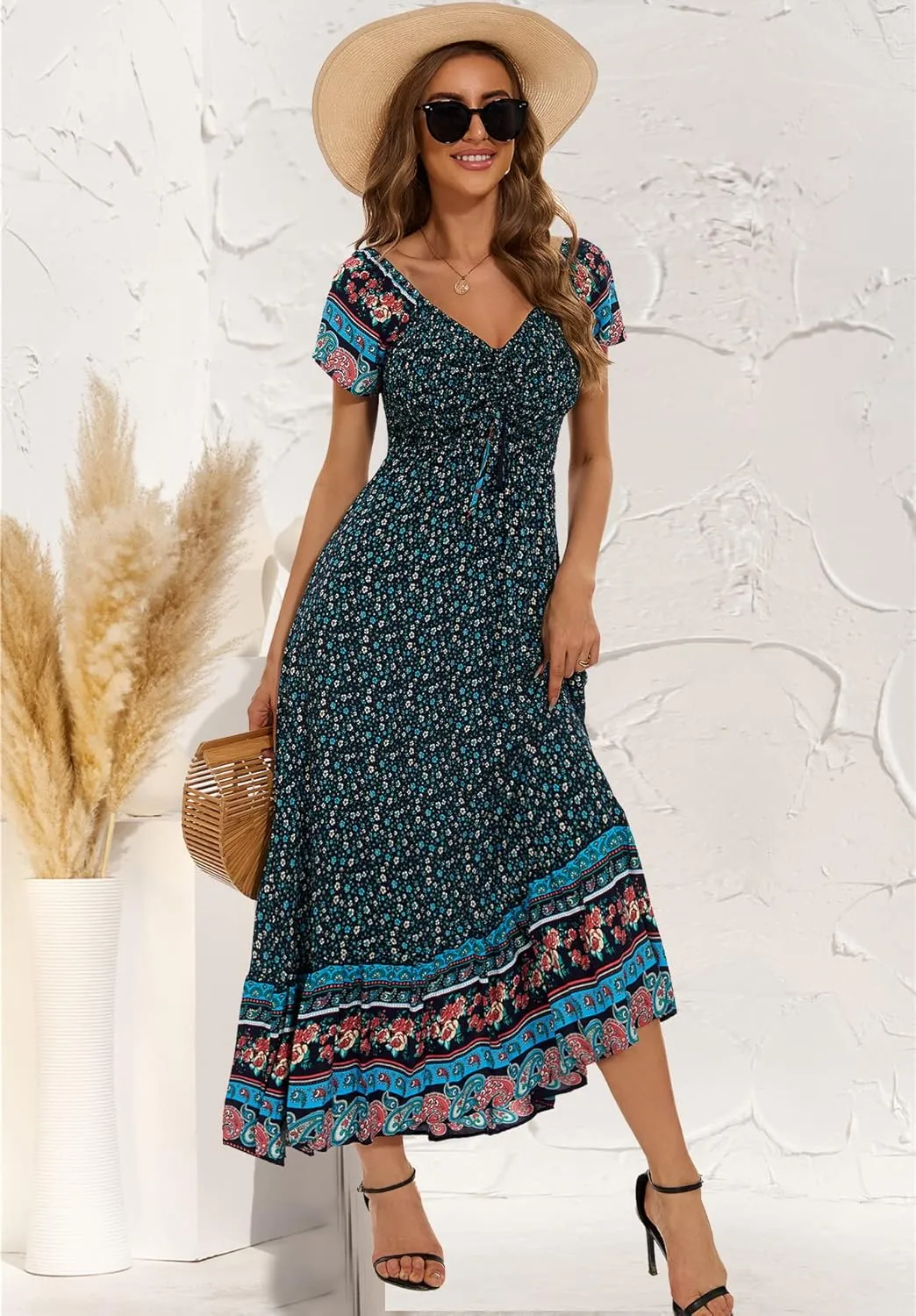 Women's Summer Floral Maxi Dress Casual Short Sleeve Flowy Boho Beach Party Long Dress