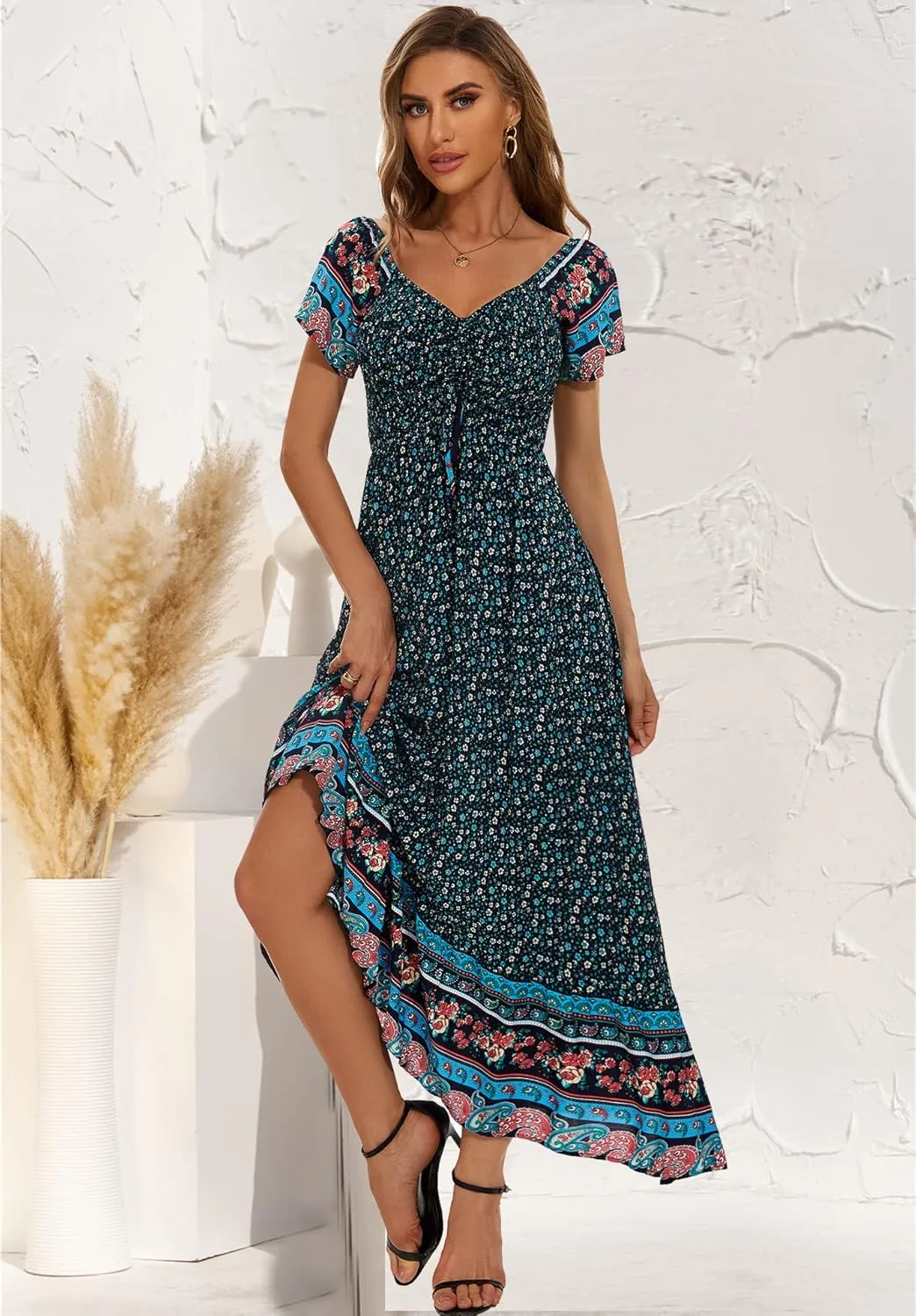 Women's Summer Floral Maxi Dress Casual Short Sleeve Flowy Boho Beach Party Long Dress