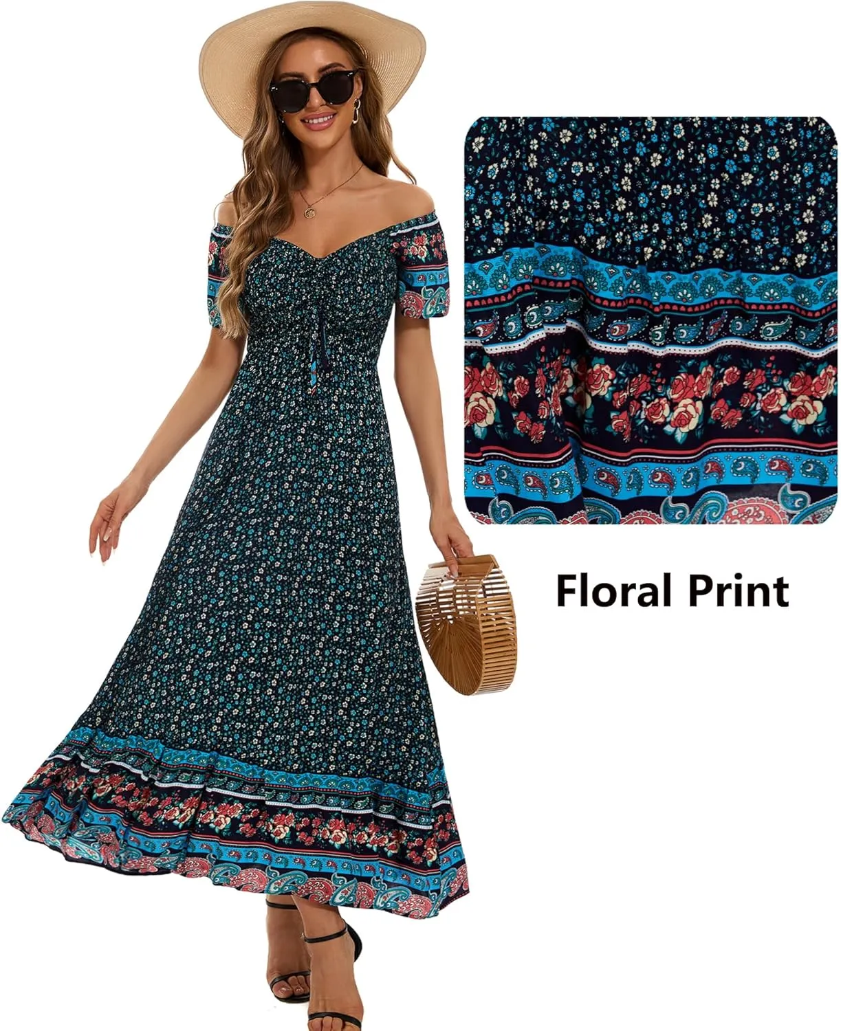 Women's Summer Floral Maxi Dress Casual Short Sleeve Flowy Boho Beach Party Long Dress