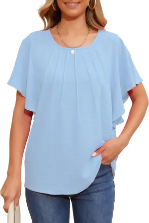 Womens T Shirts Ruffle Short Sleeve Summer Tops Crewneck Pleated Work Loose Fit Blouses Tees