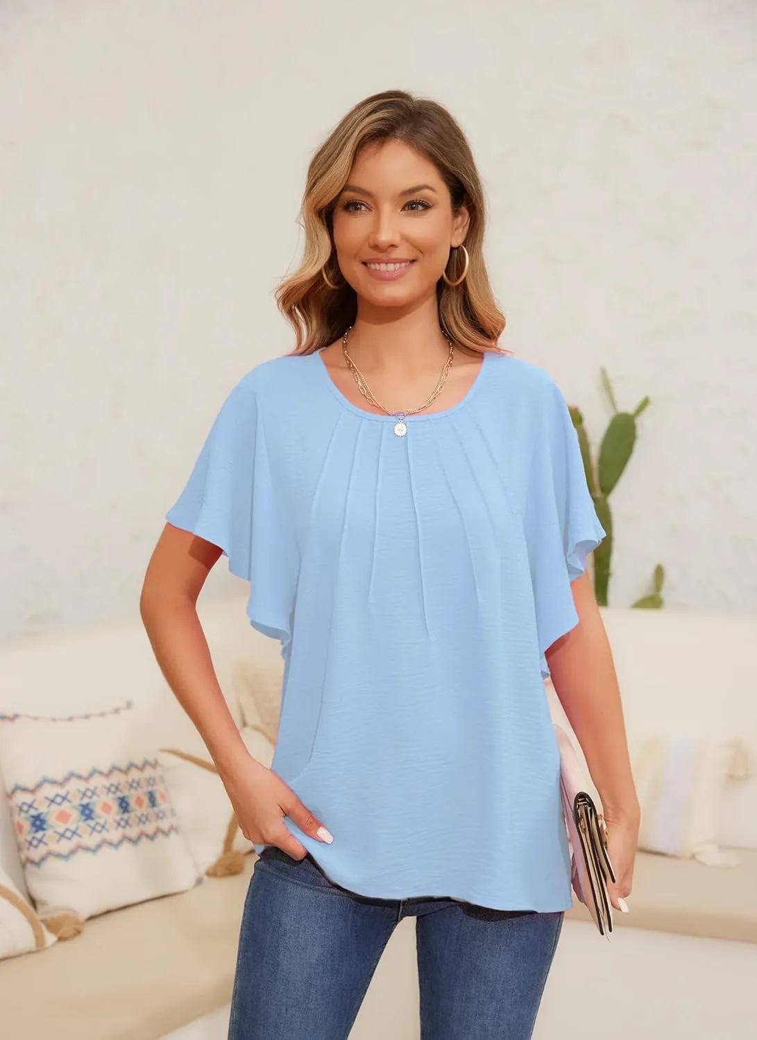 Womens T Shirts Ruffle Short Sleeve Summer Tops Crewneck Pleated Work Loose Fit Blouses Tees