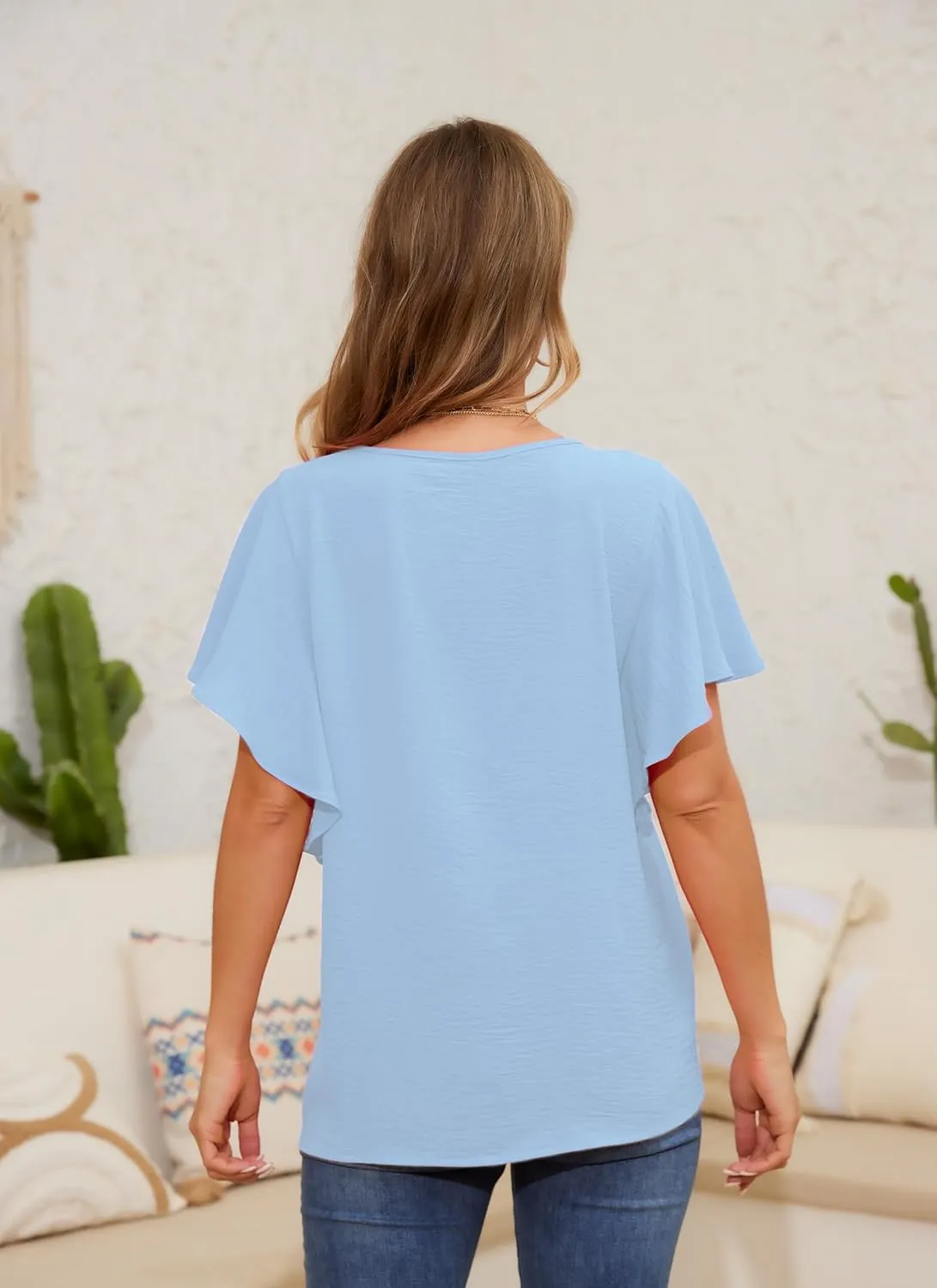 Womens T Shirts Ruffle Short Sleeve Summer Tops Crewneck Pleated Work Loose Fit Blouses Tees