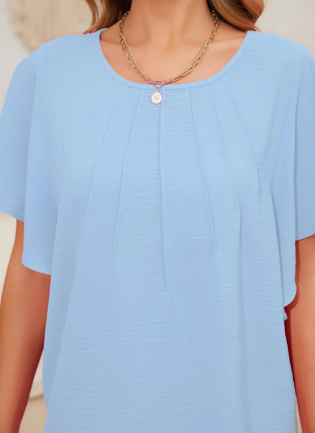 Womens T Shirts Ruffle Short Sleeve Summer Tops Crewneck Pleated Work Loose Fit Blouses Tees